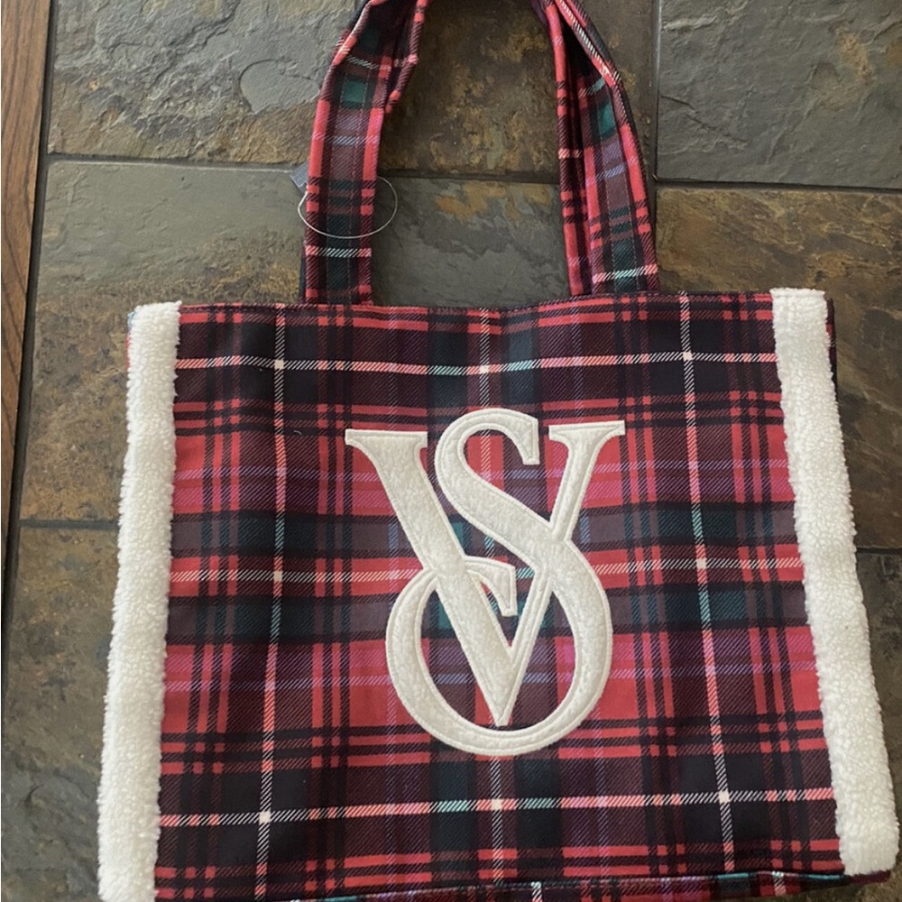 VICTORIA’S SECRET Red Plaid Holiday VS Logo Plaid Tote Bag.